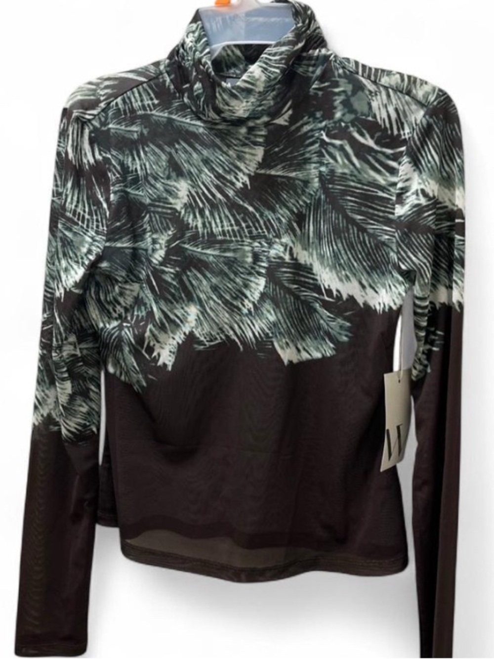 Worthington Black Long Sleeve Mock Neck Top with Sage Palm Print